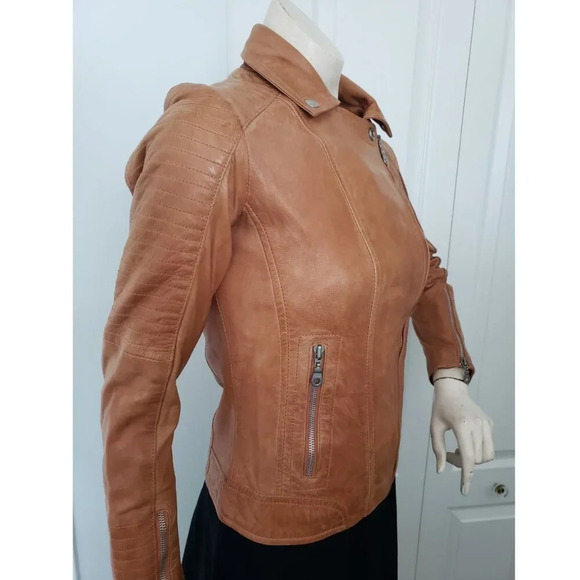 BNWT Stradivarius  Sheep Leather Motorcycle style Fitted Brown Jacket Small - Picture 6 of 14
